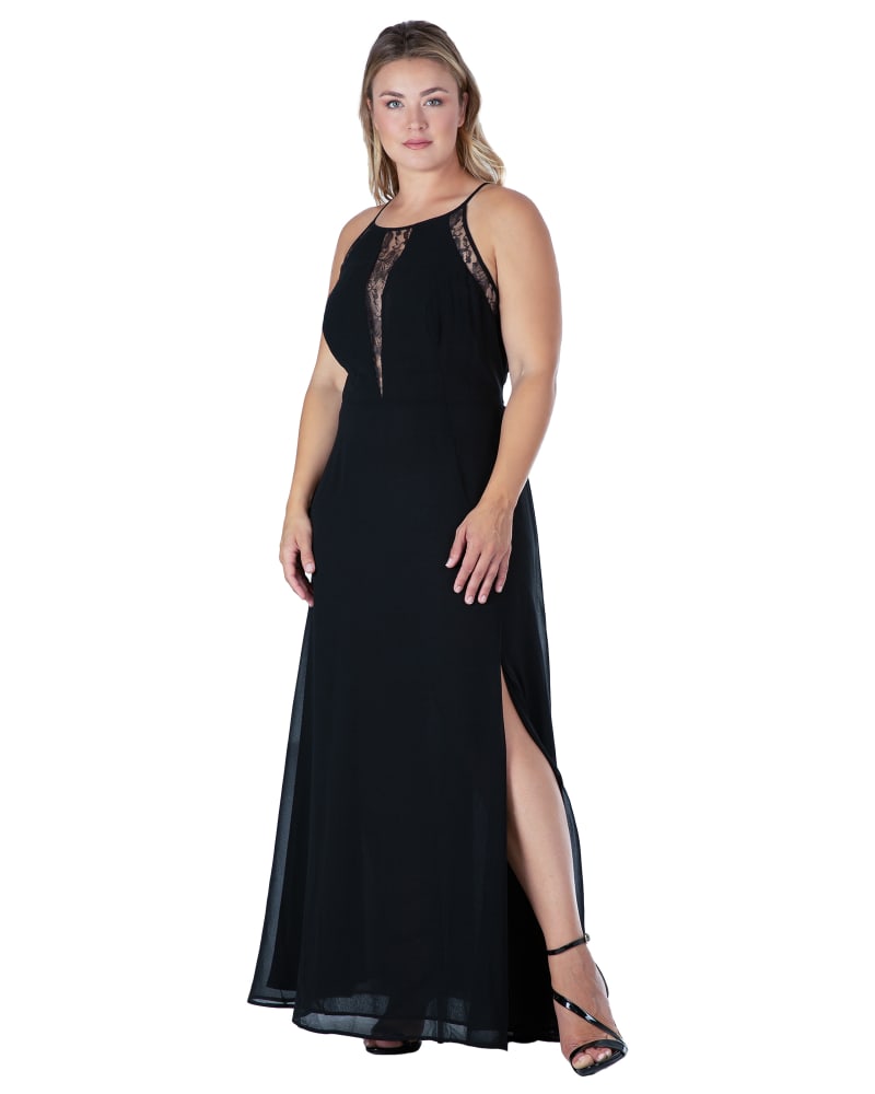 Front of a model wearing a size 16 Women's Black Lace Detailed Sleeveless Maxi Dress in Black by Standards & Practices. | dia_product_style_image_id:276033